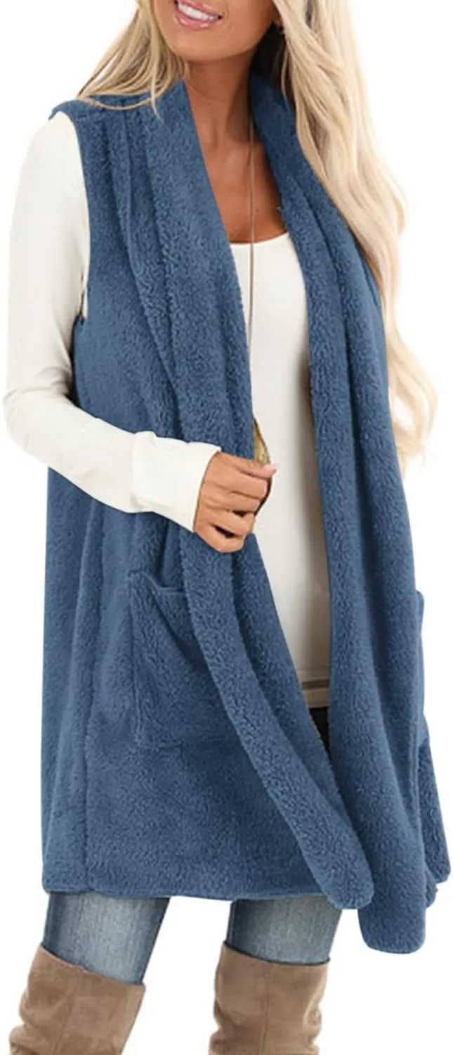 ReachMe Womens Sleeveless Sherpa Vest with Pockets Lapel Open Front Fleece Cardigan Sweater Fuzzy Jacket Coat