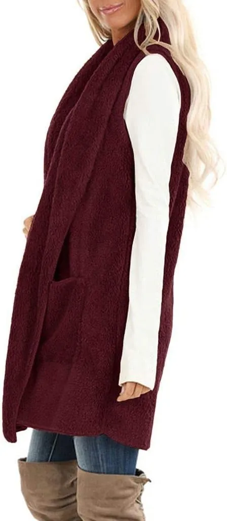 ReachMe Womens Sleeveless Sherpa Vest with Pockets Lapel Open Front Fleece Cardigan Sweater Fuzzy Jacket Coat
