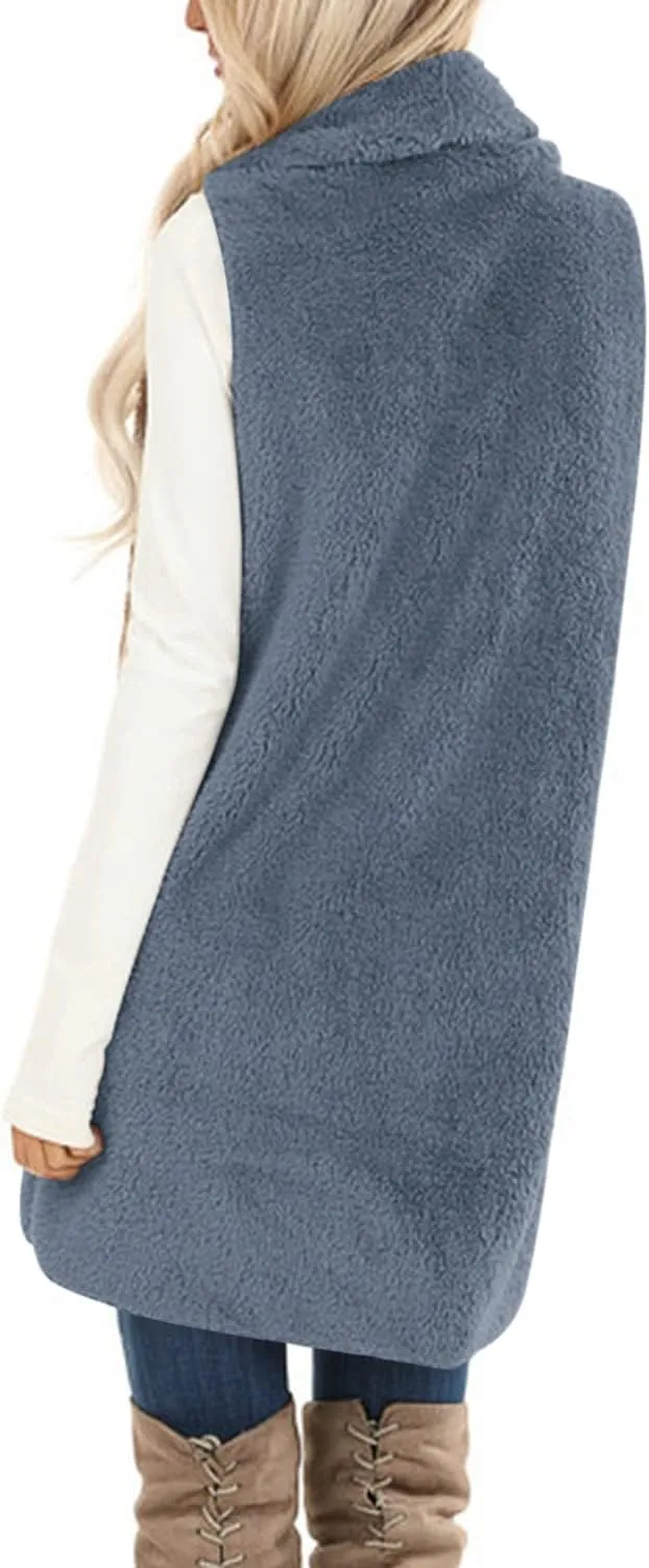 ReachMe Womens Sleeveless Sherpa Vest with Pockets Lapel Open Front Fleece Cardigan Sweater Fuzzy Jacket Coat