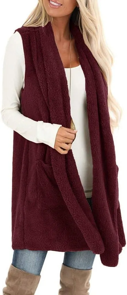 ReachMe Womens Sleeveless Sherpa Vest with Pockets Lapel Open Front Fleece Cardigan Sweater Fuzzy Jacket Coat
