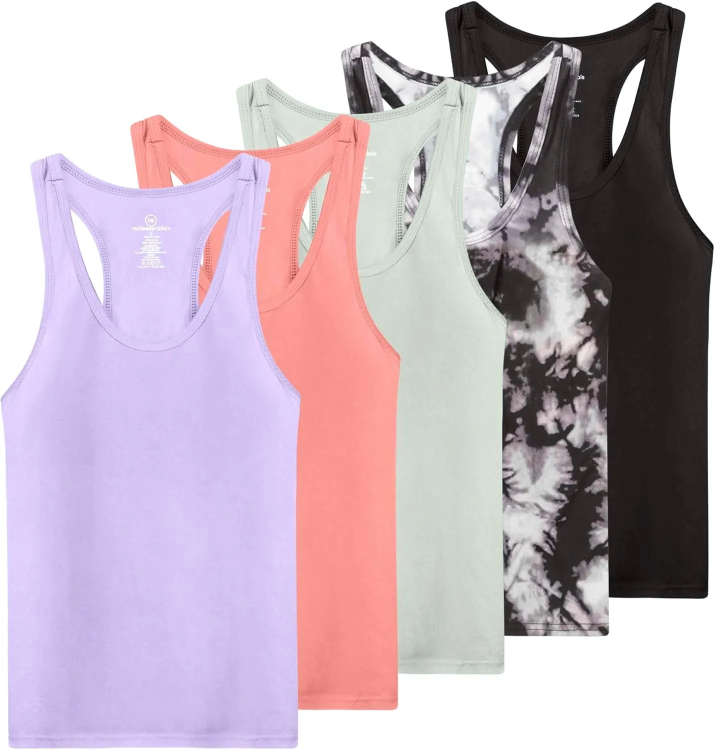 Real Essentials 5-Pack Women's Racerback Tank Top Dry-Fit Athletic Performance Yoga Activewear (Available in Plus Size)