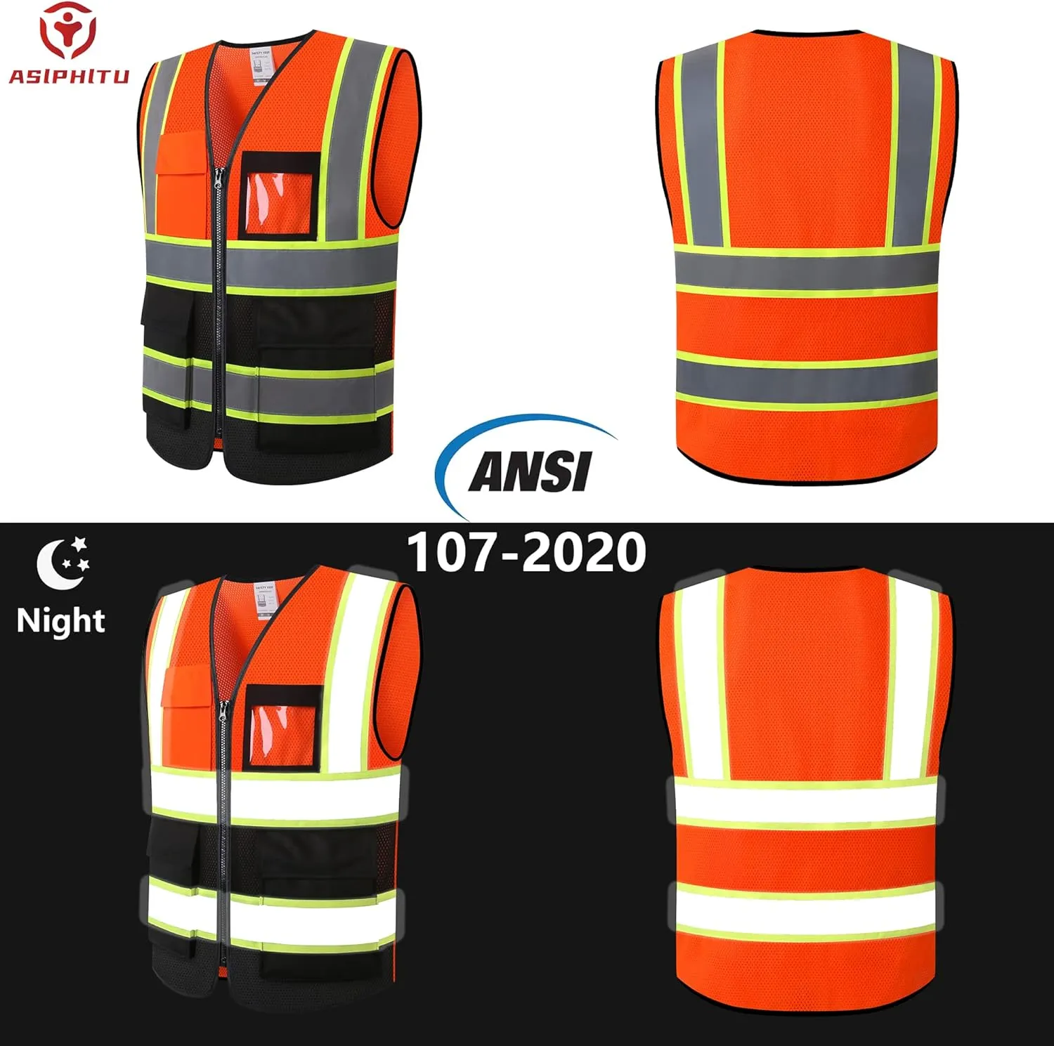 Reflective High Visibility Safety Vest for Men Women with Pockets Zipper Front Meets ANSI/ISEA Standards