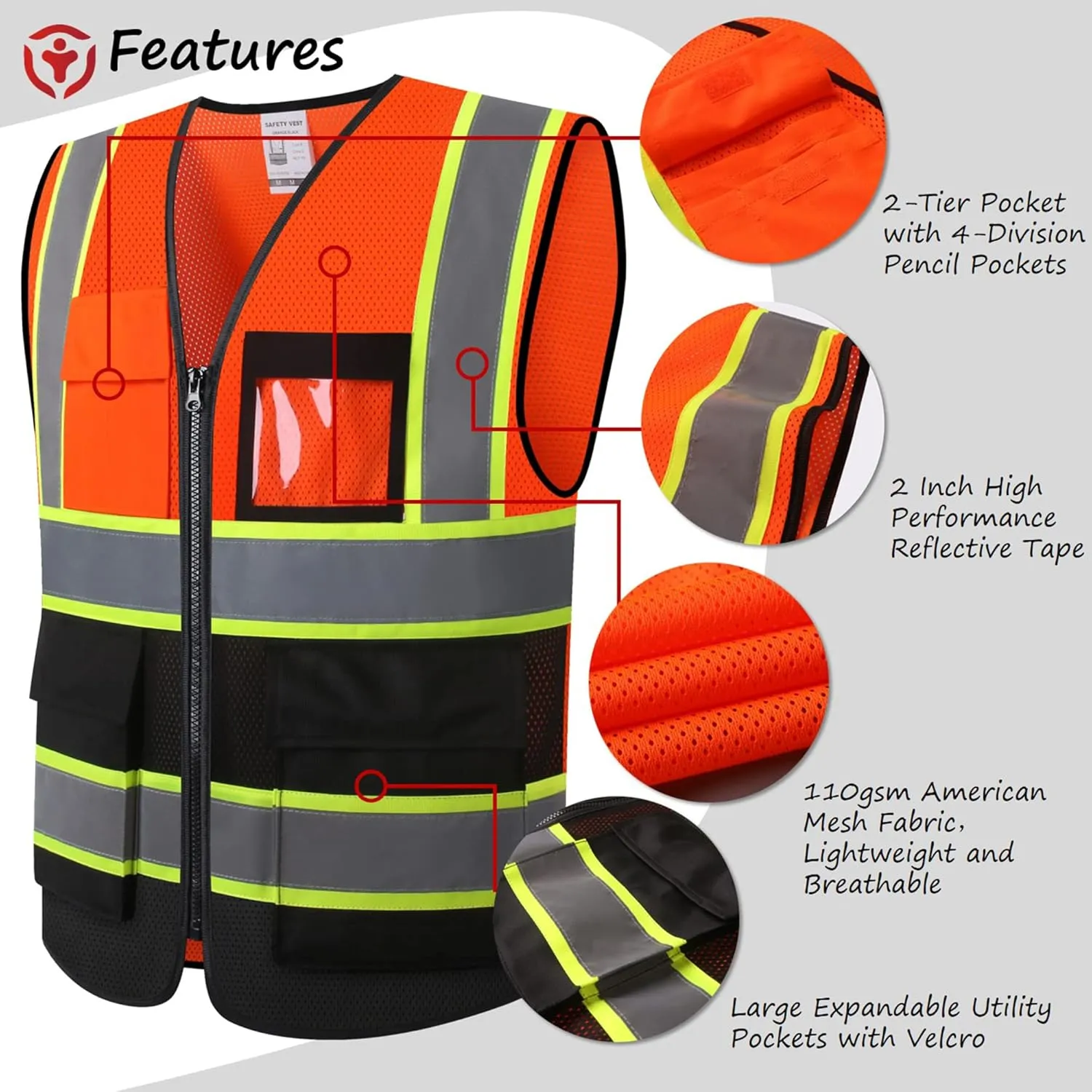 Reflective High Visibility Safety Vest for Men Women with Pockets Zipper Front Meets ANSI/ISEA Standards