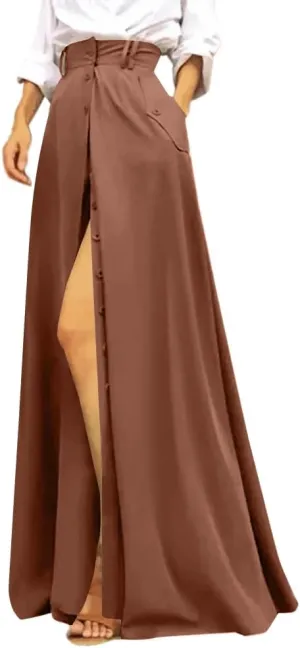 Rooscier Women's Split High Waist Flared A Line Button Down Vintage Pockets Maxi Skirt