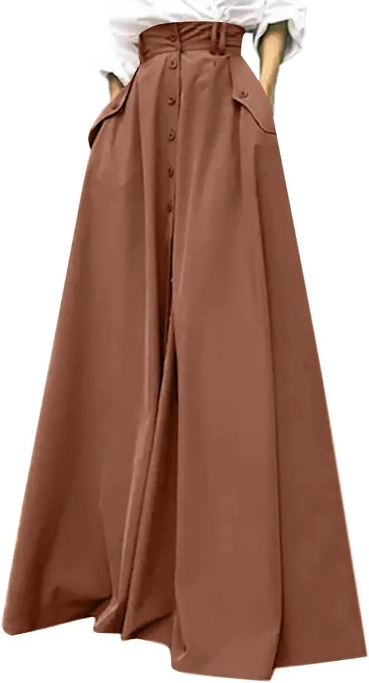 Rooscier Women's Split High Waist Flared A Line Button Down Vintage Pockets Maxi Skirt
