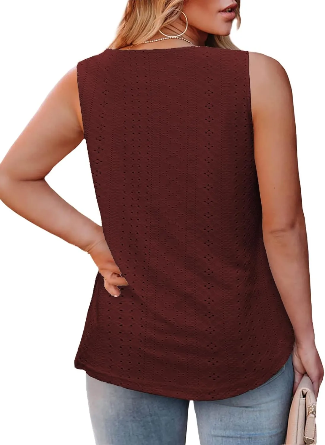 ROSRISS Plus-Size-Tank-Tops Summer Sleeveless Loose Fit Pleated Shirts Square Neck Tunics Eyelet Flowy Tees