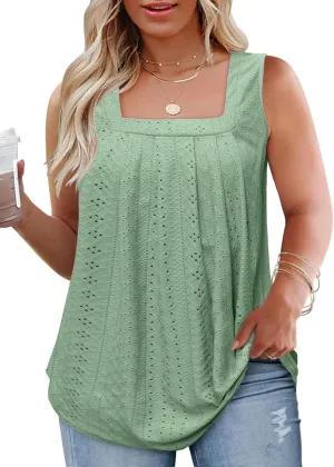 ROSRISS Plus-Size-Tank-Tops Summer Sleeveless Loose Fit Pleated Shirts Square Neck Tunics Eyelet Flowy Tees