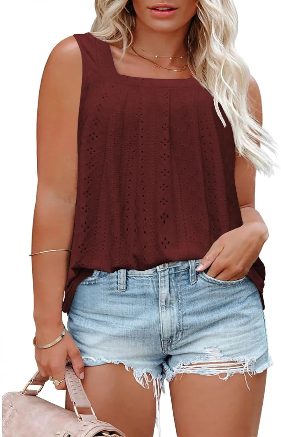 ROSRISS Plus-Size-Tank-Tops Summer Sleeveless Loose Fit Pleated Shirts Square Neck Tunics Eyelet Flowy Tees