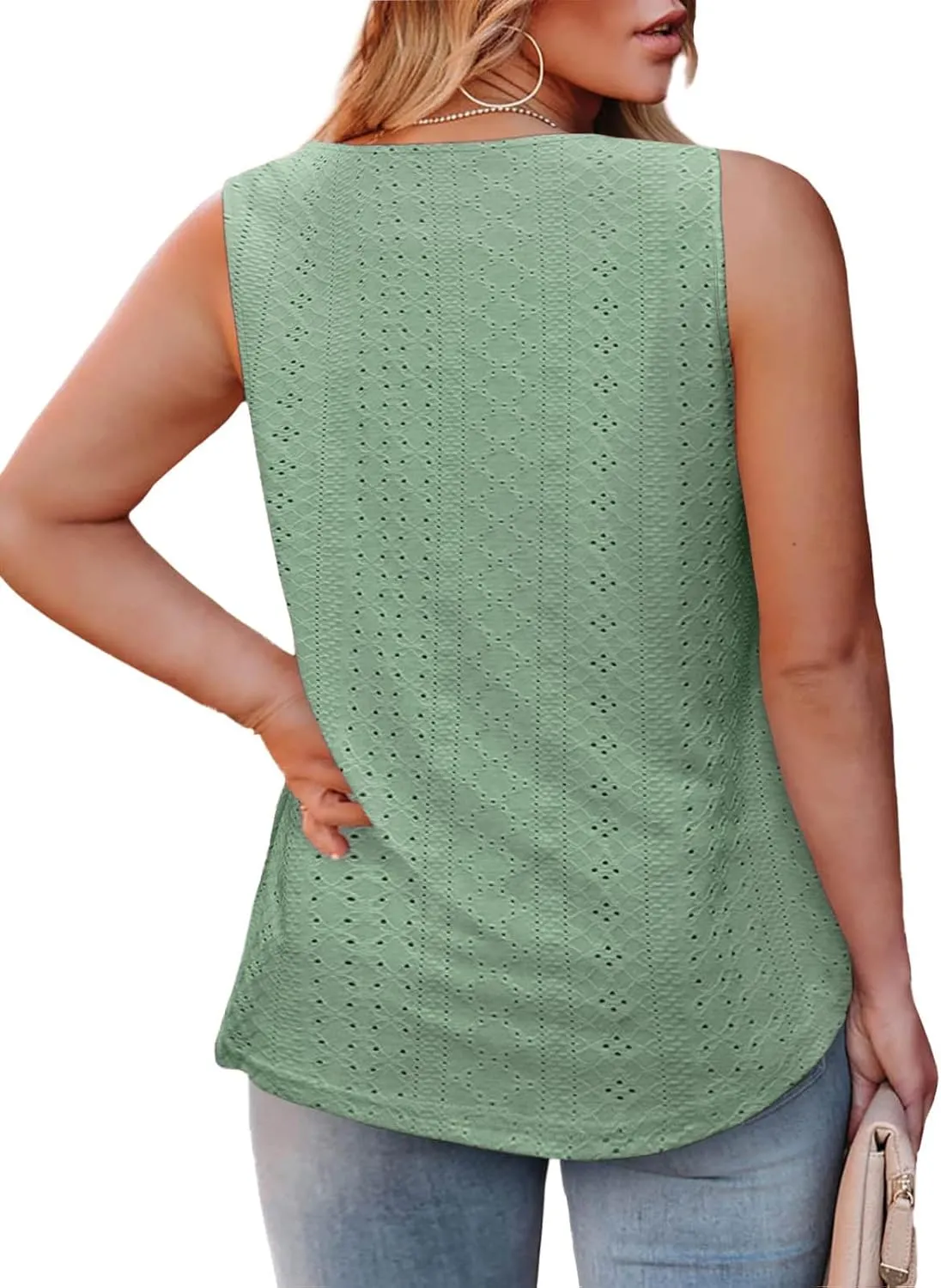 ROSRISS Plus-Size-Tank-Tops Summer Sleeveless Loose Fit Pleated Shirts Square Neck Tunics Eyelet Flowy Tees