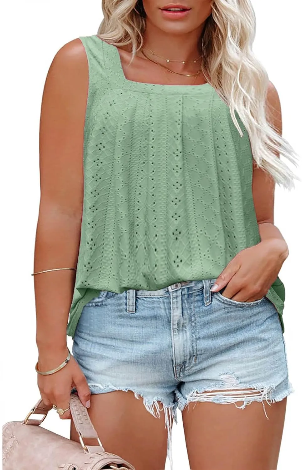 ROSRISS Plus-Size-Tank-Tops Summer Sleeveless Loose Fit Pleated Shirts Square Neck Tunics Eyelet Flowy Tees