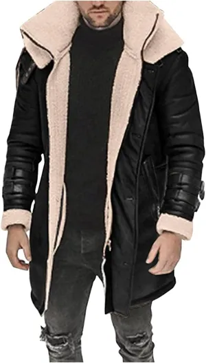 RTRDE Men's Winter Trench Coat Sherpa Lined Overcoat Lapel Long Jacket Coat Outwear, M-5XL
