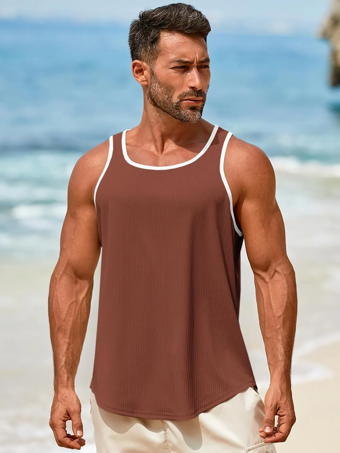 Runcati Mens Sleeveless Tank Tops Workout Muscle Gym Knitted Shirt Athletic Bodybuilding Slim Fit Ribbed T Shirts