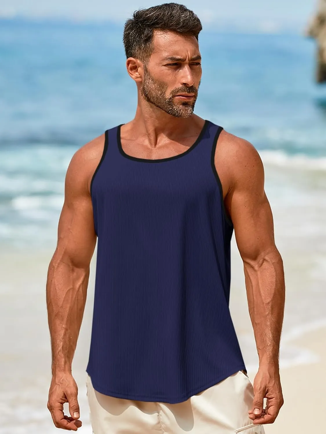 Runcati Mens Sleeveless Tank Tops Workout Muscle Gym Knitted Shirt Athletic Bodybuilding Slim Fit Ribbed T Shirts