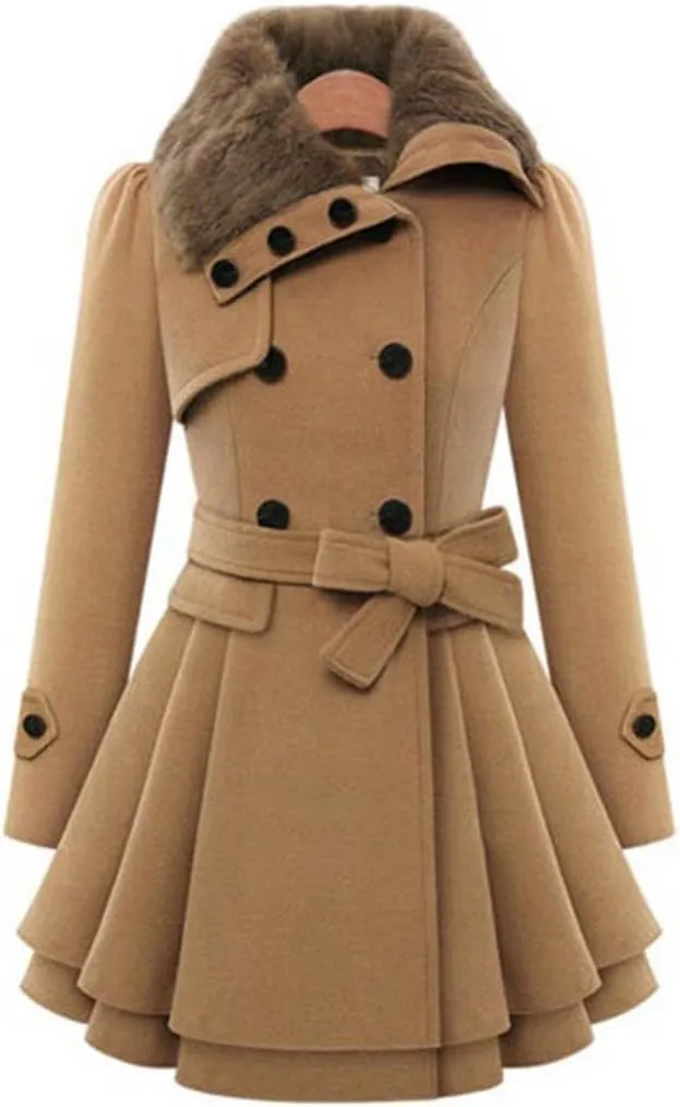 SACFOF Women's Faux Fur Lapel Double Breasted Thick Wool Trench Pea Coat Long Sleeve Winter Warm Jacket with Belt