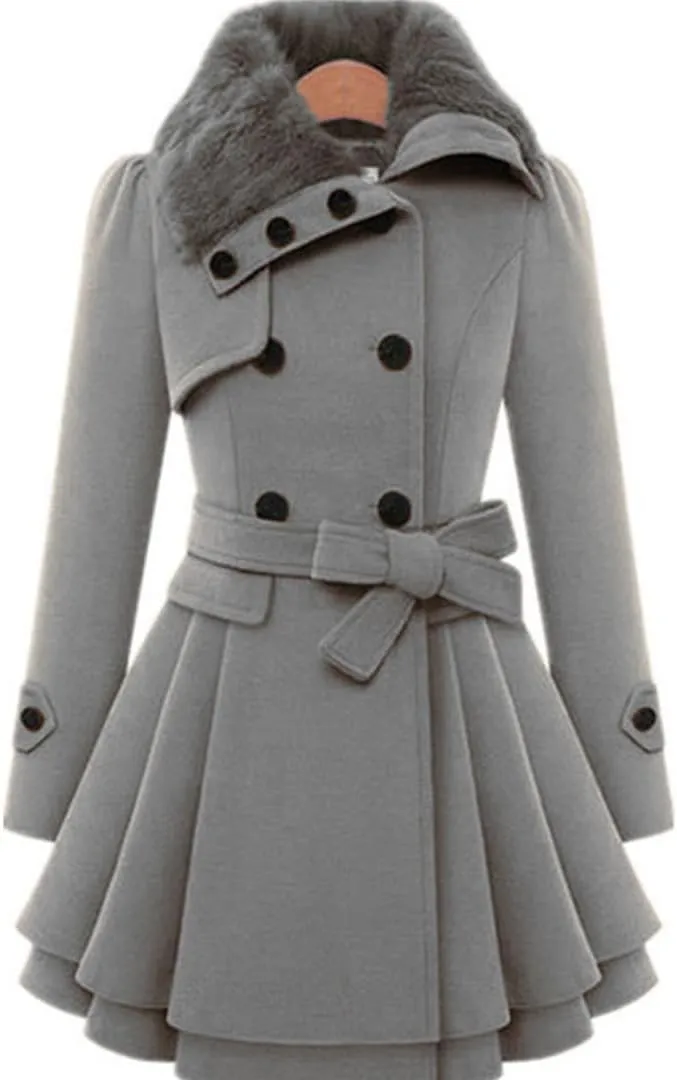 SACFOF Women's Faux Fur Lapel Double Breasted Thick Wool Trench Pea Coat Long Sleeve Winter Warm Jacket with Belt