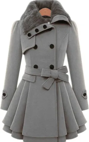 SACFOF Women's Faux Fur Lapel Double Breasted Thick Wool Trench Pea Coat Long Sleeve Winter Warm Jacket with Belt