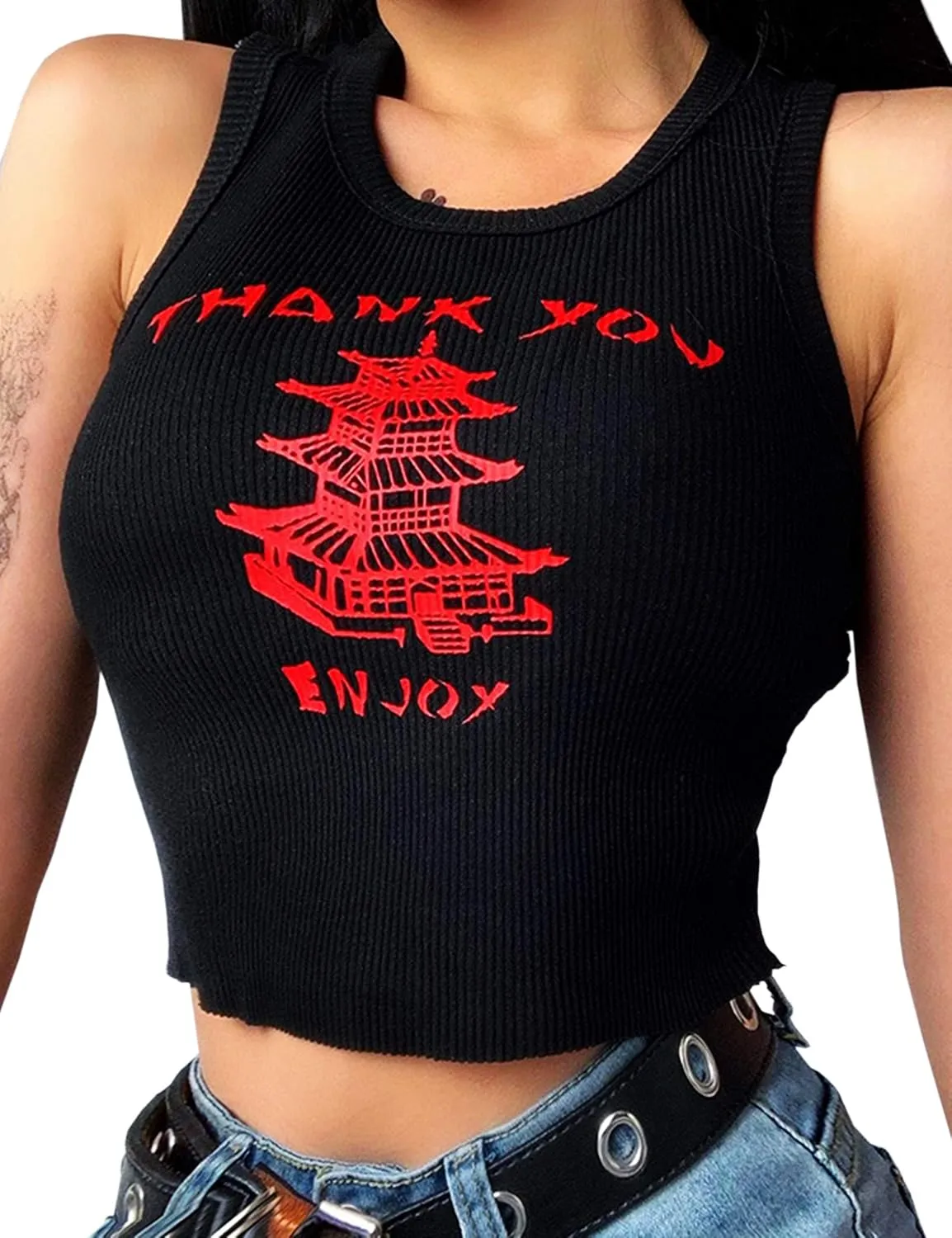 SAFRISIOR Women Sexy Thank You Enjoy Printed Tower Graphic Skinny Slim Streetwear Sleeveless Crop Tank Top