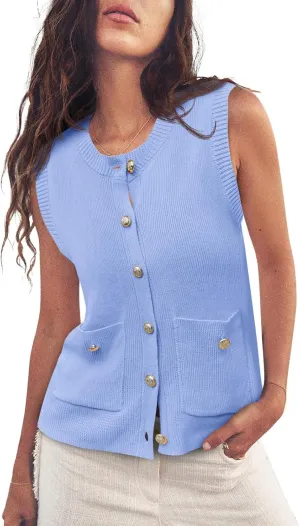 Saodimallsu Womens Summer Cropped Sweater Vest Sleeveless Button Ribbed Knit Crew Neck Cardigan Vests Top with Pockets