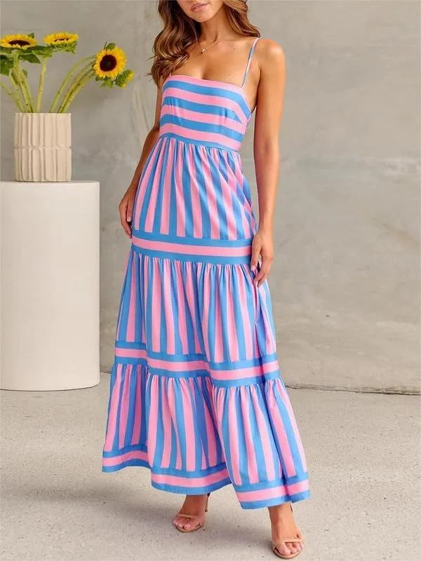 Sastianaen Women Y2k Boho Maxi Dress Striped Print Cami Long Dress Summer Holiday Beach Smocked Sundress