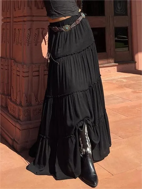 Sastianaen Women Y2k Ruffle Maxi Skirt Vintage Flowy A Line Tiered Long Skirt Boho High Waist Skirt Going Out Beachwear
