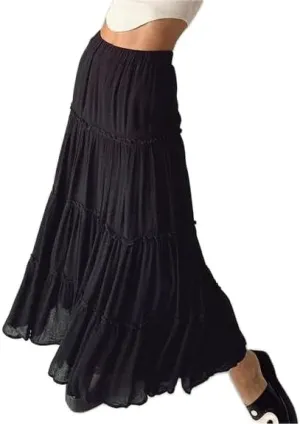 Sastianaen Women Y2k Ruffle Maxi Skirt Vintage Flowy A Line Tiered Long Skirt Boho High Waist Skirt Going Out Beachwear
