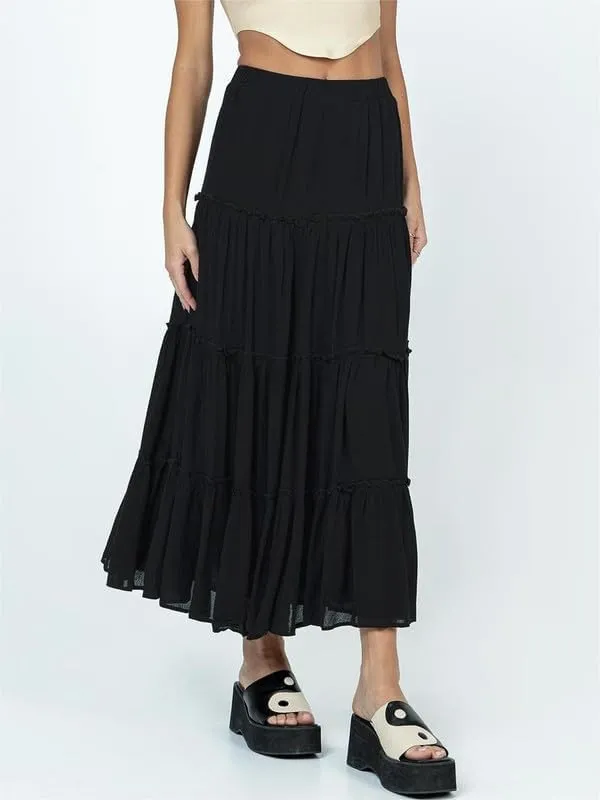 Sastianaen Women Y2k Ruffle Maxi Skirt Vintage Flowy A Line Tiered Long Skirt Boho High Waist Skirt Going Out Beachwear