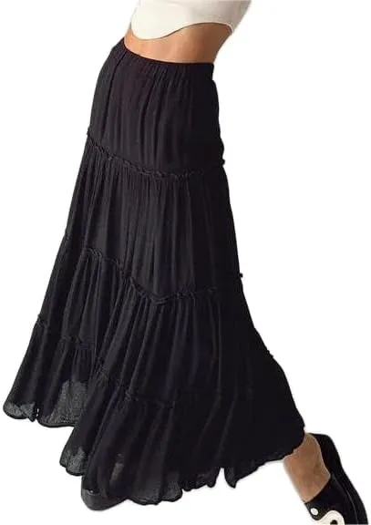 Sastianaen Women Y2k Ruffle Maxi Skirt Vintage Flowy A Line Tiered Long Skirt Boho High Waist Skirt Going Out Beachwear