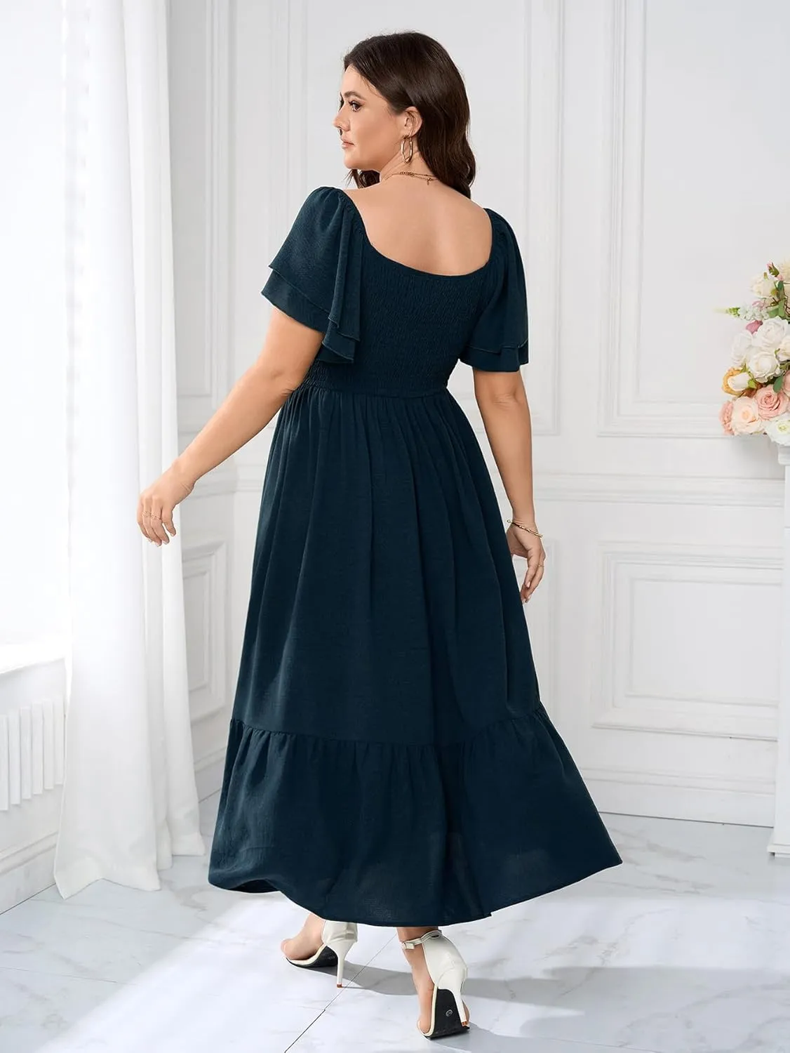 SCOMCHIC Women's Plus Size Maxi Dress Ruffle Sleeve Square Neck Smocked Flowy A-Line Wedding Guest Party Long Dresses