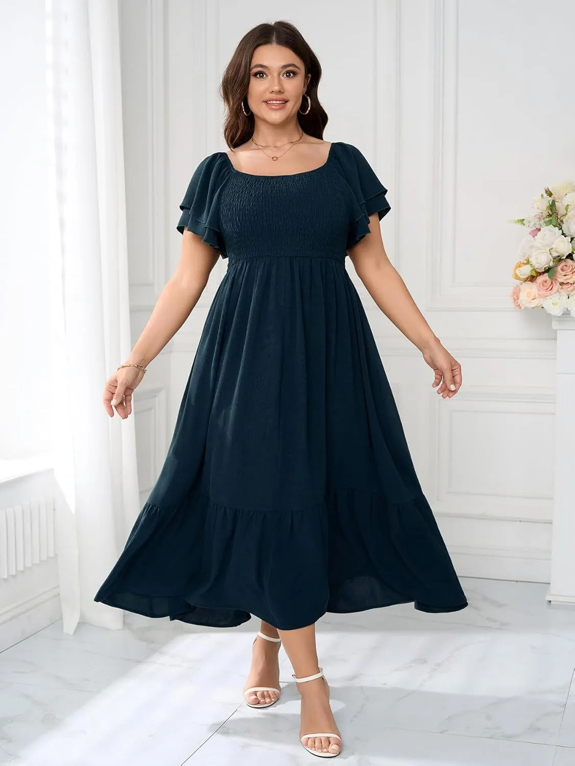 SCOMCHIC Women's Plus Size Maxi Dress Ruffle Sleeve Square Neck Smocked Flowy A-Line Wedding Guest Party Long Dresses