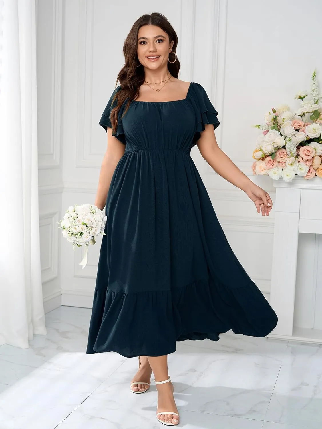 SCOMCHIC Women's Plus Size Maxi Dress Ruffle Sleeve Square Neck Smocked Flowy A-Line Wedding Guest Party Long Dresses