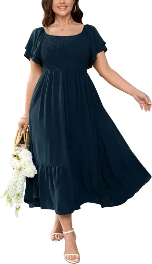 SCOMCHIC Women's Plus Size Maxi Dress Ruffle Sleeve Square Neck Smocked Flowy A-Line Wedding Guest Party Long Dresses