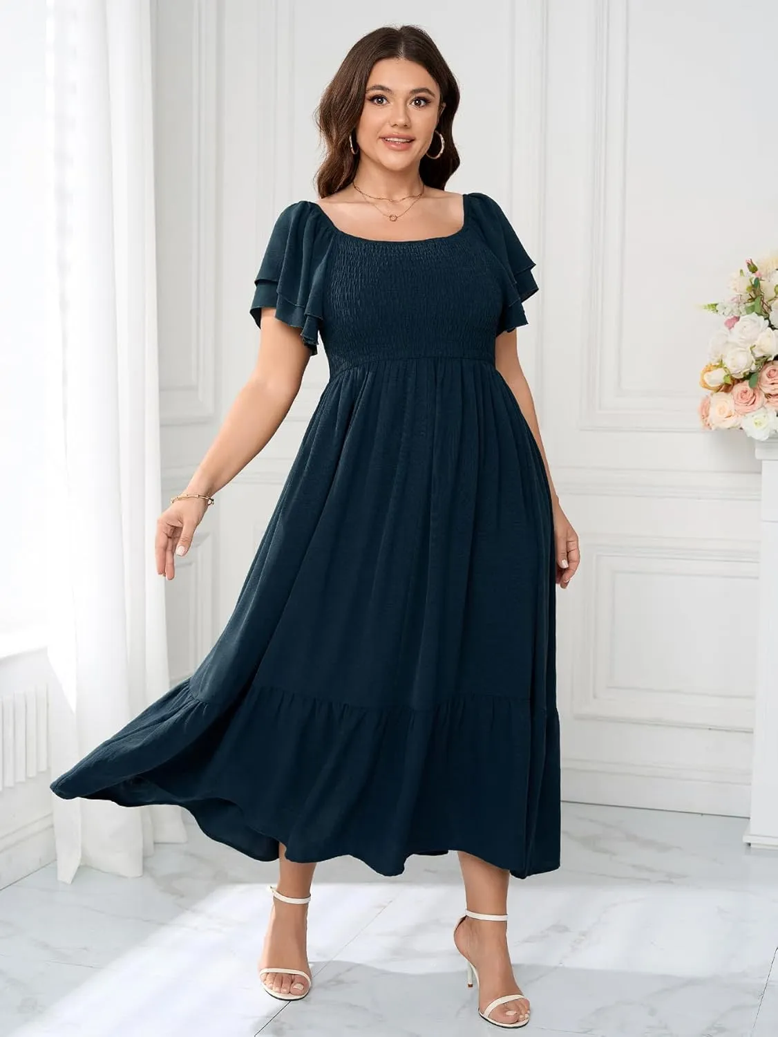 SCOMCHIC Women's Plus Size Maxi Dress Ruffle Sleeve Square Neck Smocked Flowy A-Line Wedding Guest Party Long Dresses