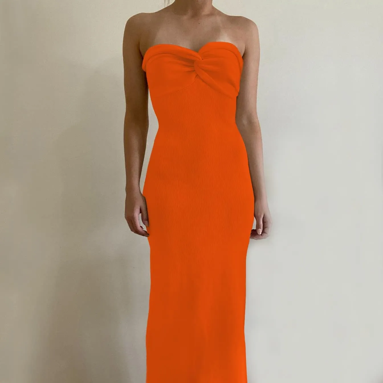 Sdencin Women Sexy Twist Knot Front Ribbed Knit Bodycon Bandeau Tube Dress Casual Solid Strapless Maxi Long Dress