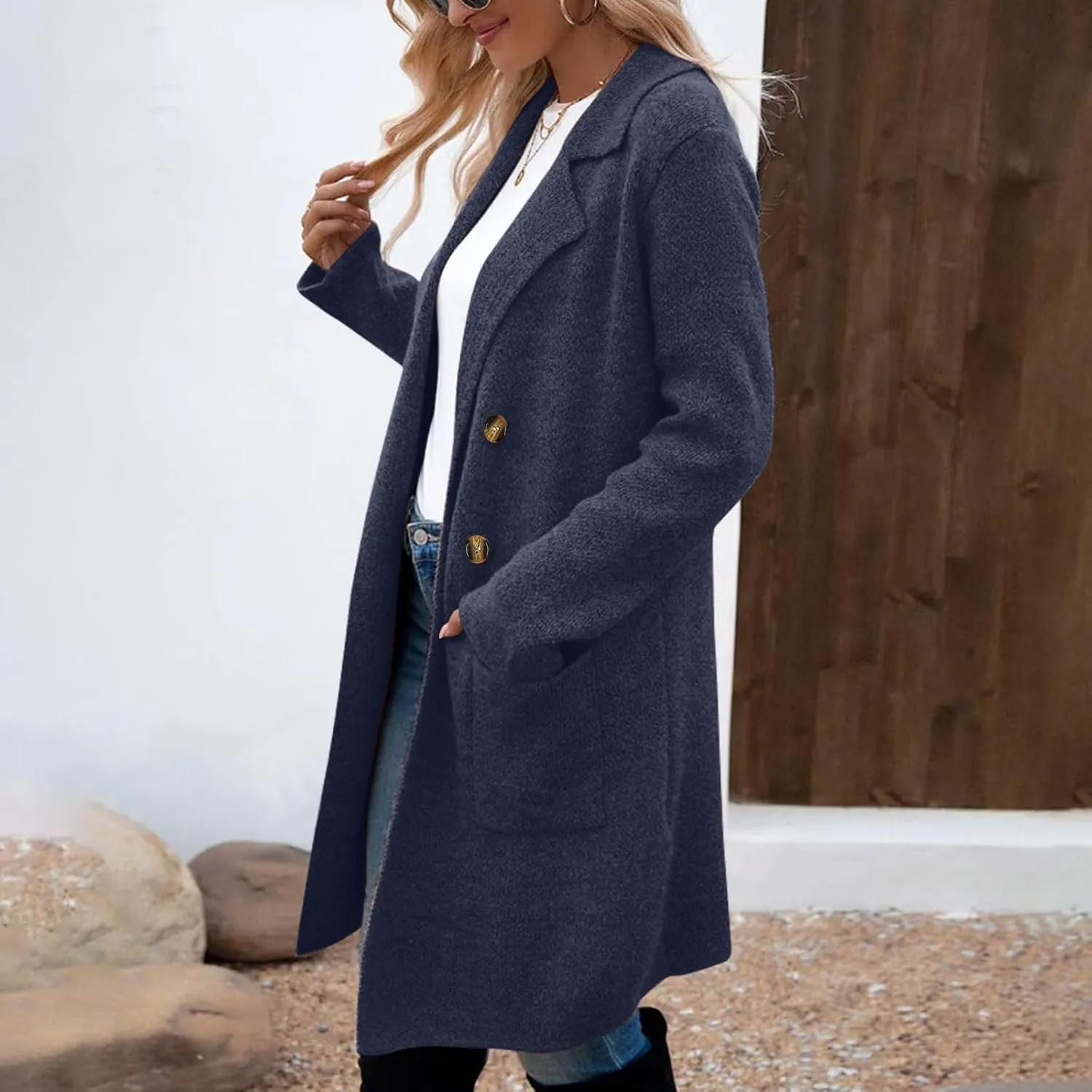 SEAOPEN Pea Coats for Women Thick Wool Trench Coat Long Double Breasted Peacoats Lapel Open Front Jacket with Pockets