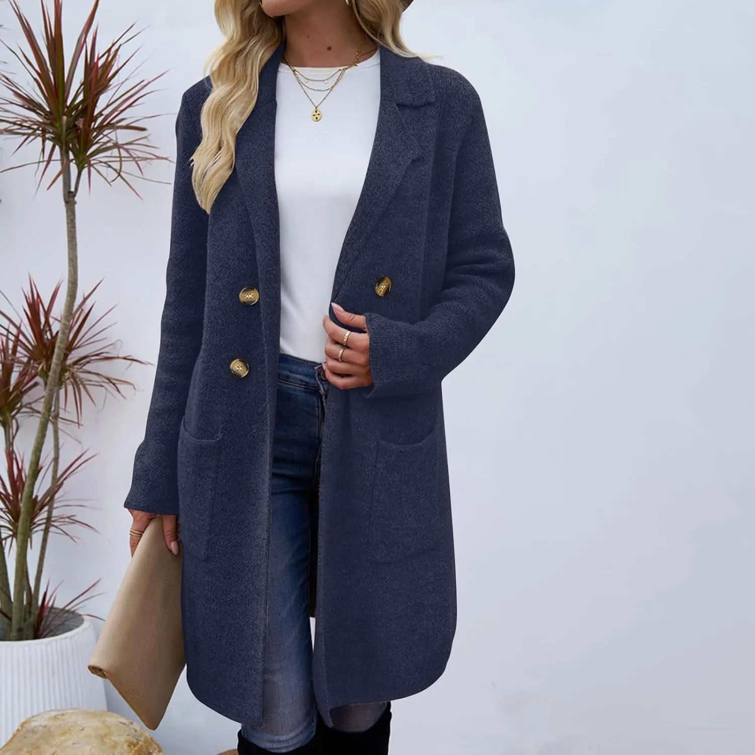 SEAOPEN Pea Coats for Women Thick Wool Trench Coat Long Double Breasted Peacoats Lapel Open Front Jacket with Pockets