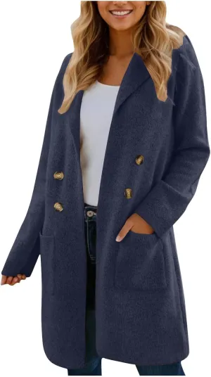 SEAOPEN Pea Coats for Women Thick Wool Trench Coat Long Double Breasted Peacoats Lapel Open Front Jacket with Pockets