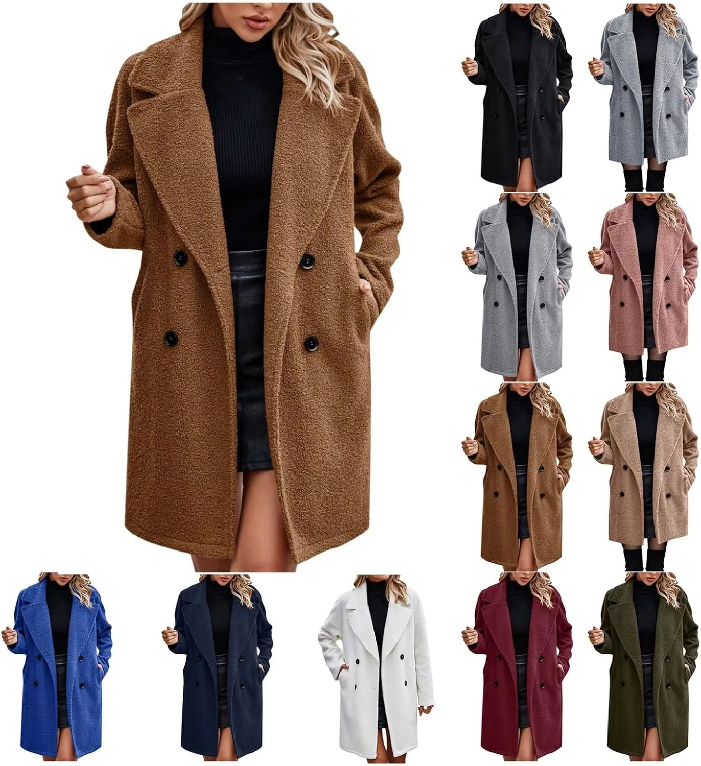 SEAOPEN Pea Coats for Women Winter Wool Coat Elegant Notch Lapel Trench Coat Warm Double Breasted Overcoat with Pockets
