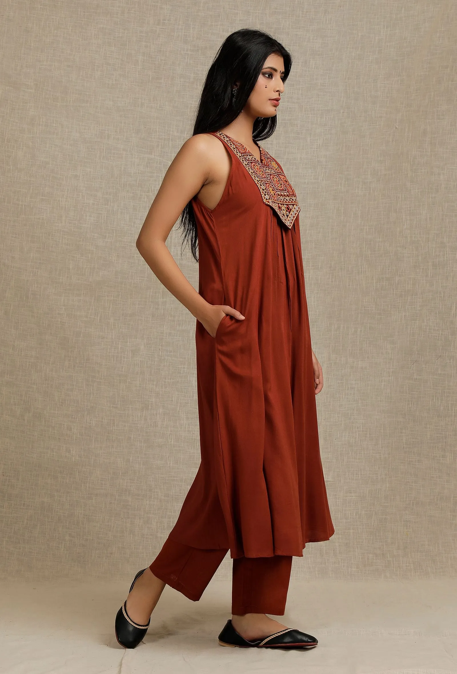 Set Of 2: Solid Rust Rayon V Neck Front Gather Kurta with Yoke Embroidery With Solid Rust Straight Fit Narrow Pants