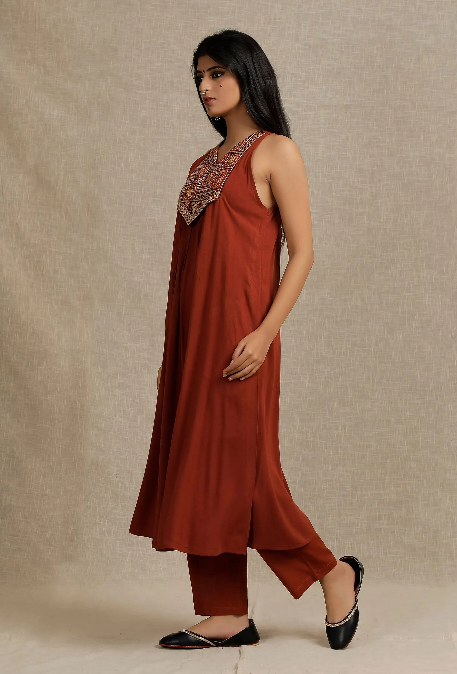 Set Of 2: Solid Rust Rayon V Neck Front Gather Kurta with Yoke Embroidery With Solid Rust Straight Fit Narrow Pants
