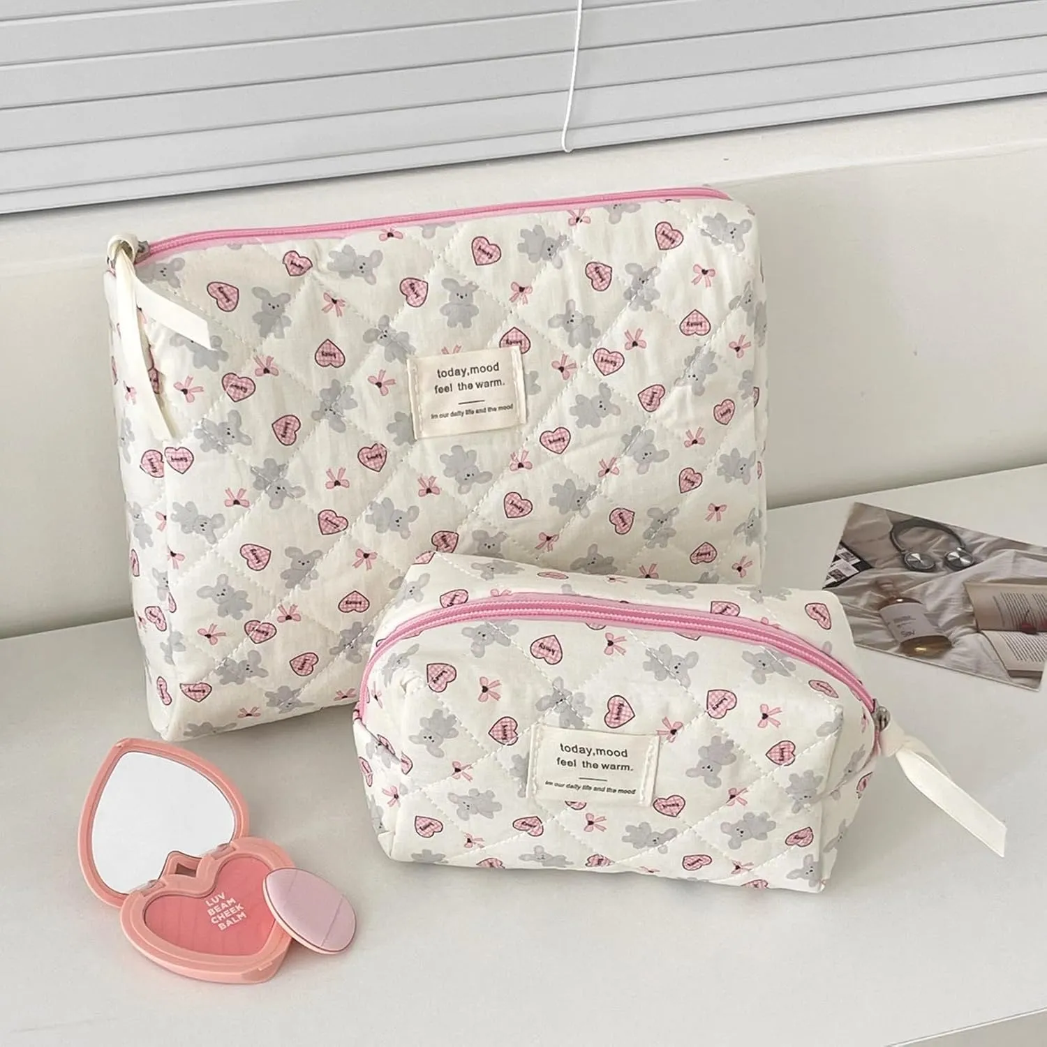 Set of 3 Makeup Bag Set, Large Quilted Makeup Bag Set, Cute Floral Cotton Cosmetic Bag Set, Coquette Bow Makeup Bag Toiletry Bag for Women (A)