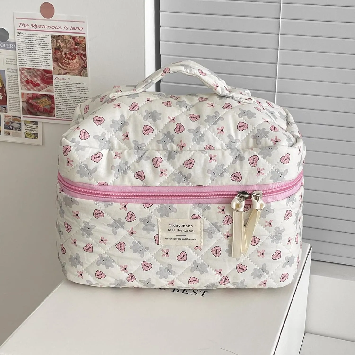 Set of 3 Makeup Bag Set, Large Quilted Makeup Bag Set, Cute Floral Cotton Cosmetic Bag Set, Coquette Bow Makeup Bag Toiletry Bag for Women (A)