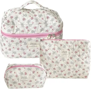 Set of 3 Makeup Bag Set, Large Quilted Makeup Bag Set, Cute Floral Cotton Cosmetic Bag Set, Coquette Bow Makeup Bag Toiletry Bag for Women (A)