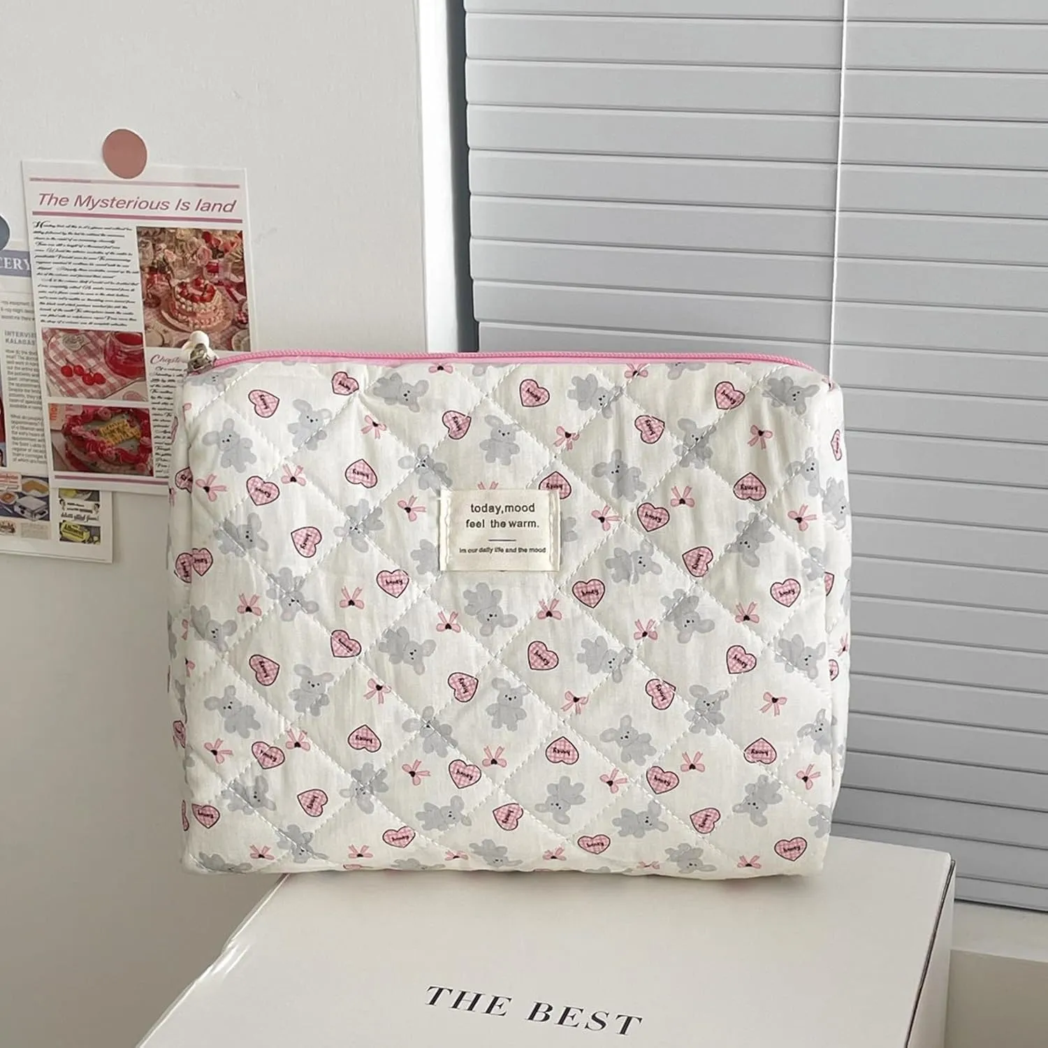 Set of 3 Makeup Bag Set, Large Quilted Makeup Bag Set, Cute Floral Cotton Cosmetic Bag Set, Coquette Bow Makeup Bag Toiletry Bag for Women (A)