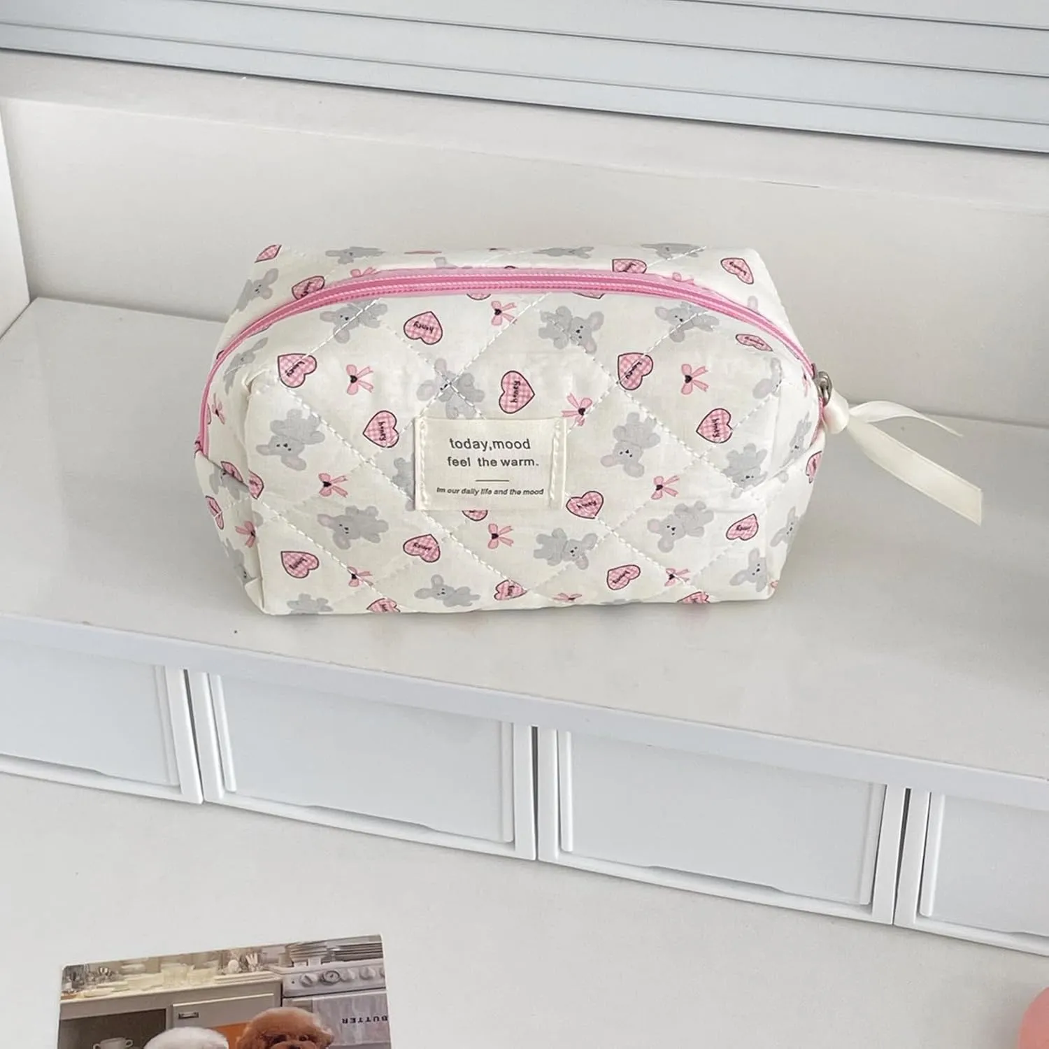 Set of 3 Makeup Bag Set, Large Quilted Makeup Bag Set, Cute Floral Cotton Cosmetic Bag Set, Coquette Bow Makeup Bag Toiletry Bag for Women (A)