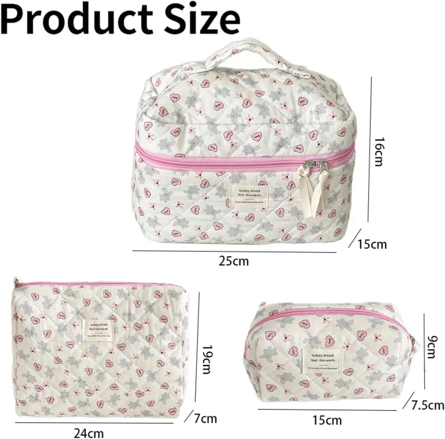 Set of 3 Makeup Bag Set, Large Quilted Makeup Bag Set, Cute Floral Cotton Cosmetic Bag Set, Coquette Bow Makeup Bag Toiletry Bag for Women (A)