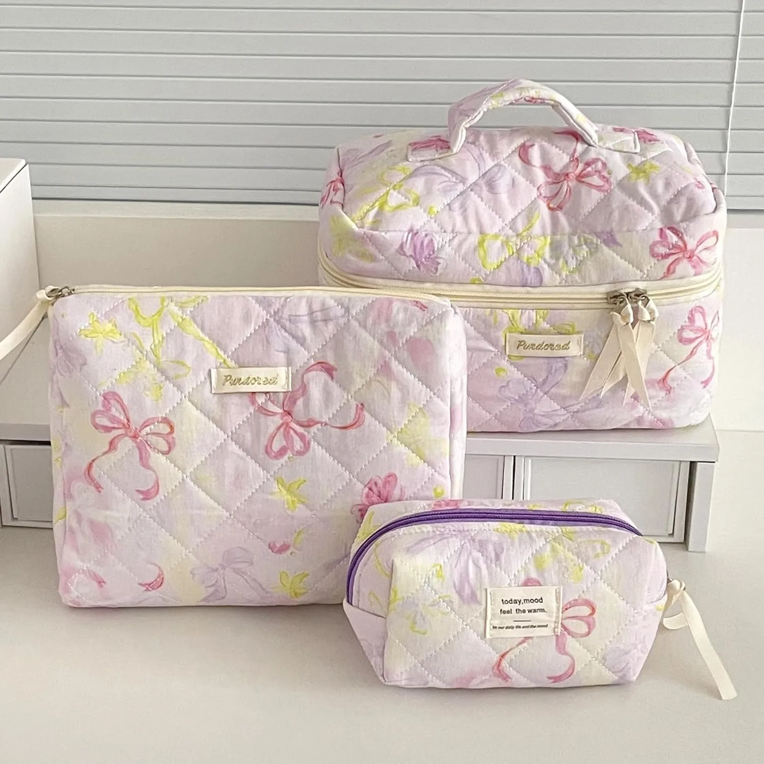 Set of 3 Makeup Bag Set, Large Quilted Makeup Bag Set, Cute Floral Cotton Cosmetic Bag Set, Coquette Bow Makeup Bag Toiletry Bag for Women (D)