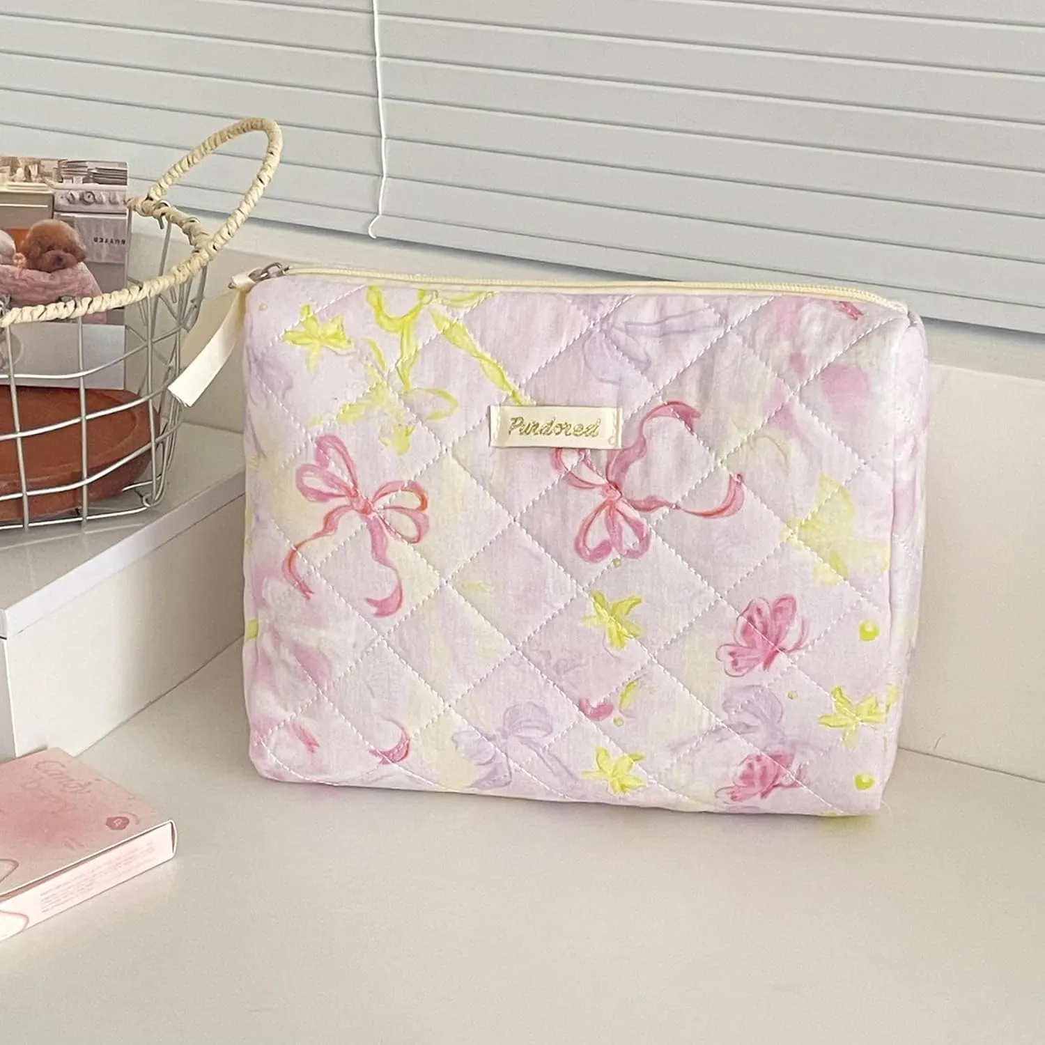 Set of 3 Makeup Bag Set, Large Quilted Makeup Bag Set, Cute Floral Cotton Cosmetic Bag Set, Coquette Bow Makeup Bag Toiletry Bag for Women (D)