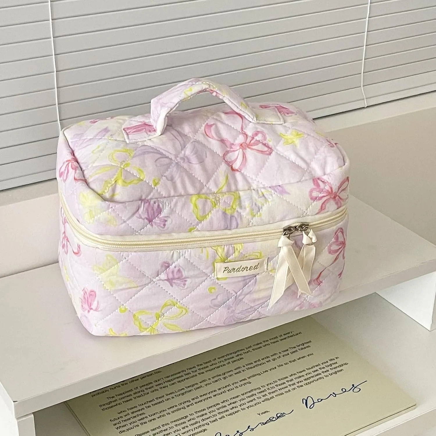 Set of 3 Makeup Bag Set, Large Quilted Makeup Bag Set, Cute Floral Cotton Cosmetic Bag Set, Coquette Bow Makeup Bag Toiletry Bag for Women (D)