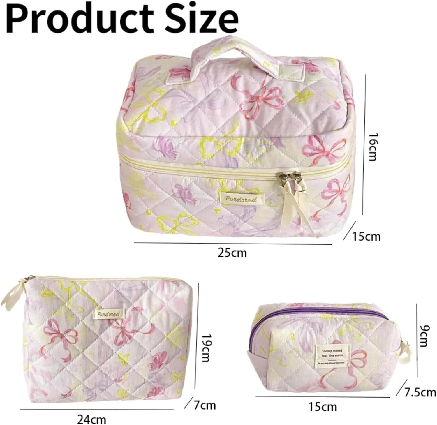 Set of 3 Makeup Bag Set, Large Quilted Makeup Bag Set, Cute Floral Cotton Cosmetic Bag Set, Coquette Bow Makeup Bag Toiletry Bag for Women (D)