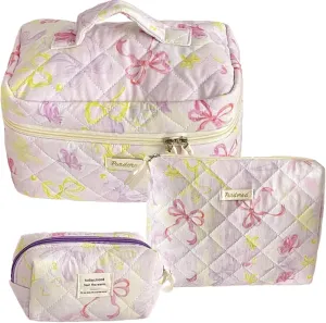 Set of 3 Makeup Bag Set, Large Quilted Makeup Bag Set, Cute Floral Cotton Cosmetic Bag Set, Coquette Bow Makeup Bag Toiletry Bag for Women (D)